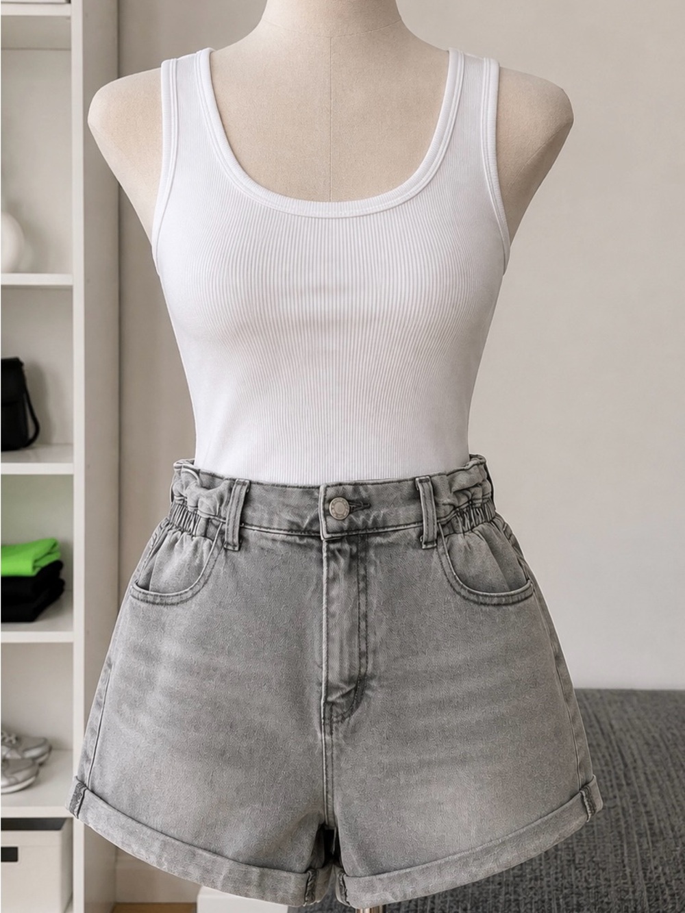 High-Rise Gray Denim Paperbag Shorts with Rolled Hem